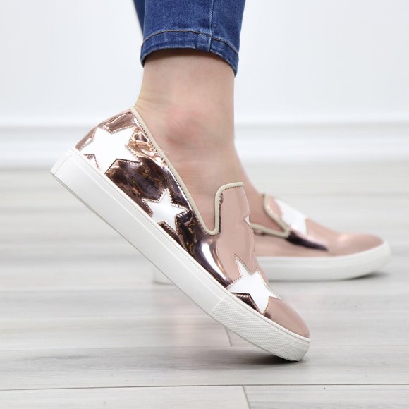 Rose Gold With White Stars Patent Sneakers Shoes - Picture 6 of 14